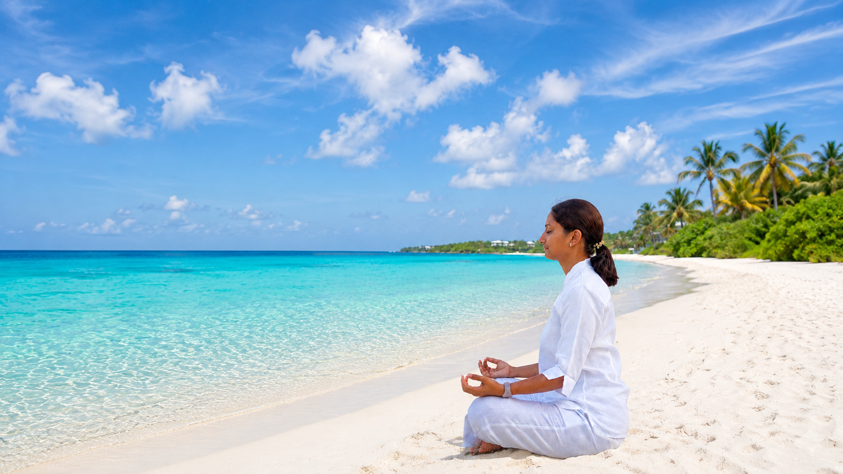 Woman meditates on the beach
