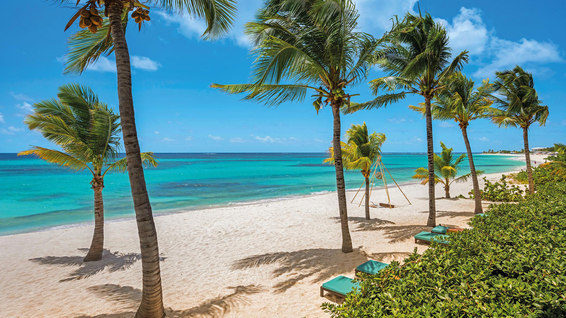Beach with lounge chairs