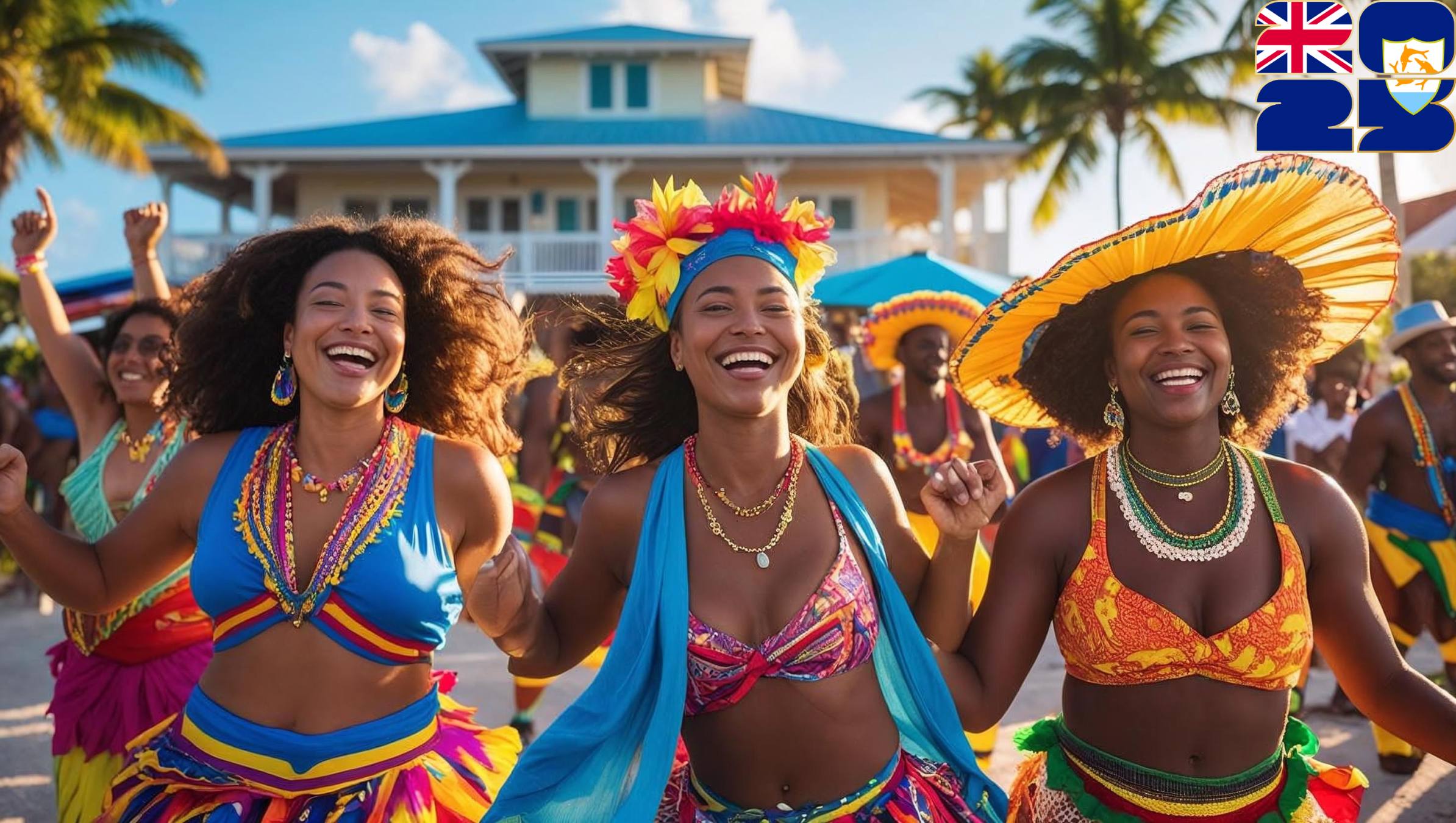 A group of women in traditional Caribbean carnival outfits laughing and dancing in the streets of Anguilla, with colorful headpieces, palm trees, and the Anguilla 25 celebration logo in the corner.