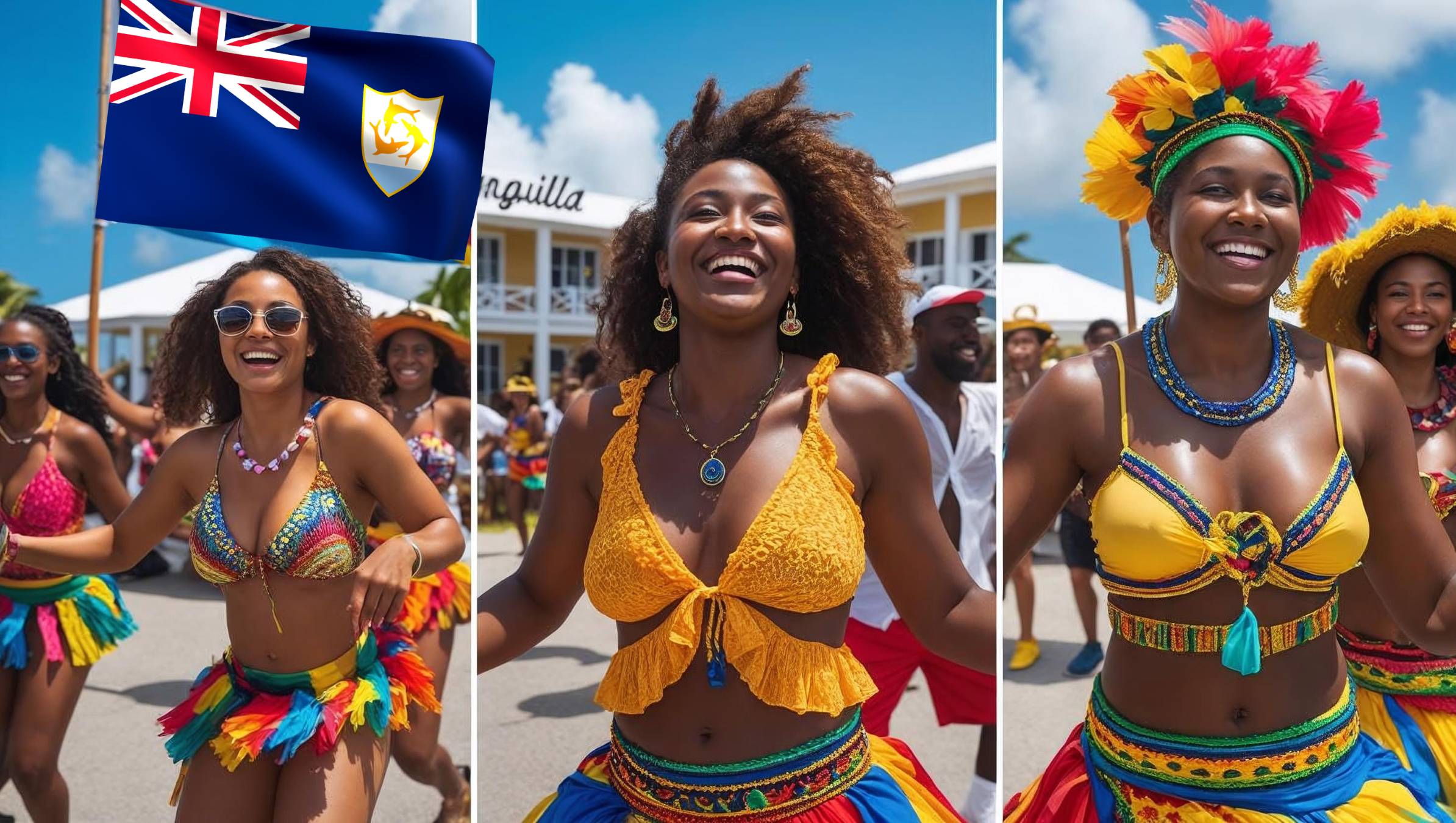 Three vibrant Caribbean women dancing in colorful carnival attire during Anguilla's Summer Festival, with the Anguilla flag waving in the background and joyful parade-goers behind them.