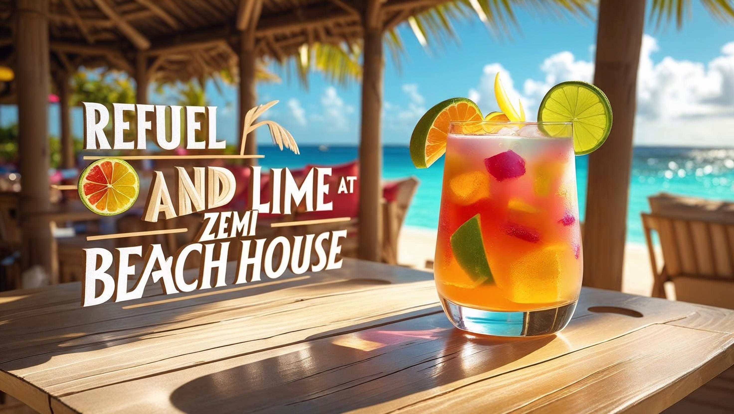 A colorful rum punch garnished with lime and orange slices sits on a wooden beachside table at Zemi Beach House, with turquoise ocean water and palm-thatched shade in the background. The words "Refuel and lime at Zemi Beach House" are displayed on the left.