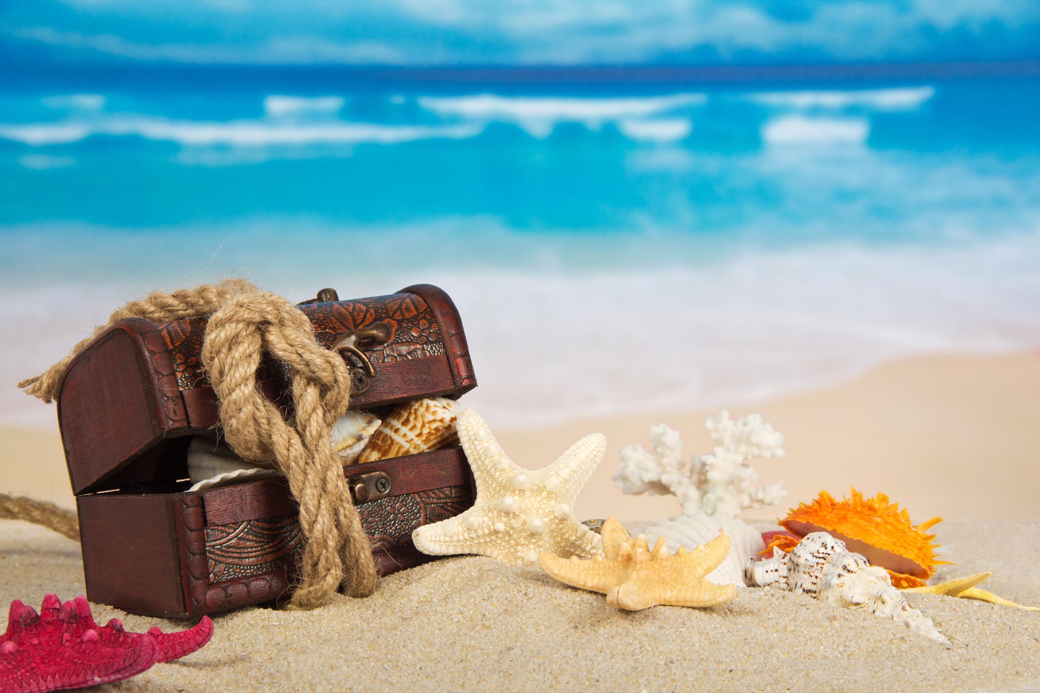 Treasure chest on beach with shells