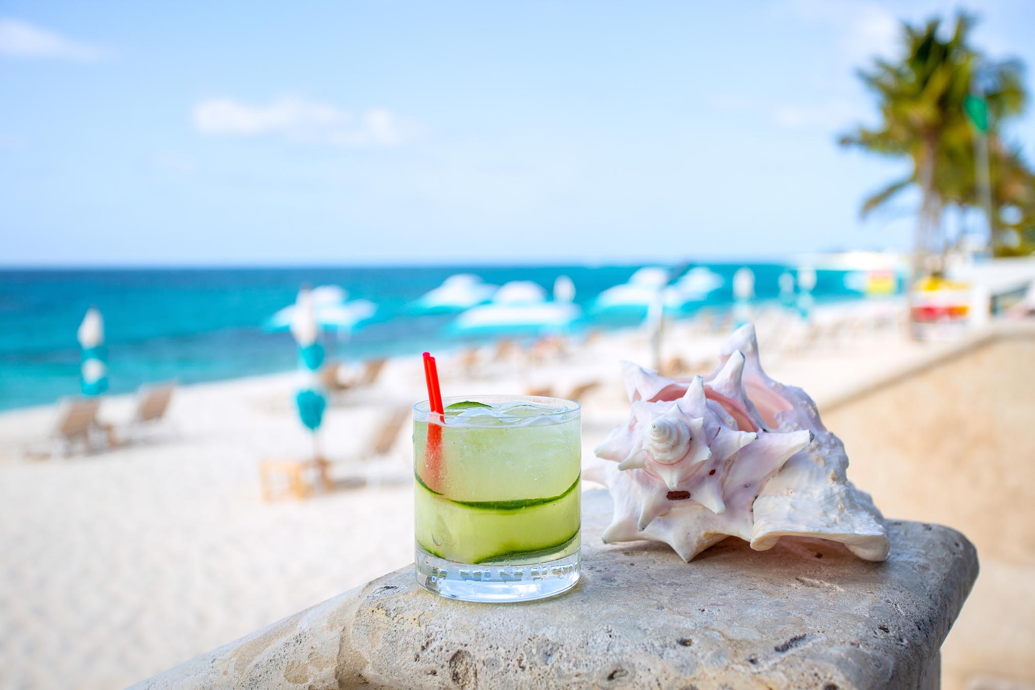 Margarita em vidro ao lado de concha com vista da praia ao fundo